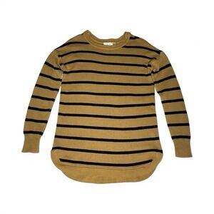 Womens Long Sweater M Beige w/Black ‎ Stripes Long Sleeves Crew Neck